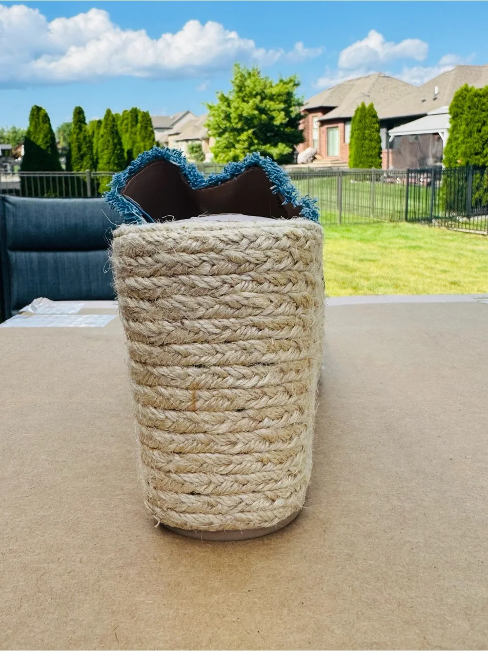 Aqua Blue Denim Frayed Espadrille Wedge Slides
